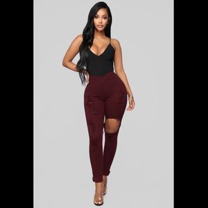 Distressed Jeans-Burgundy